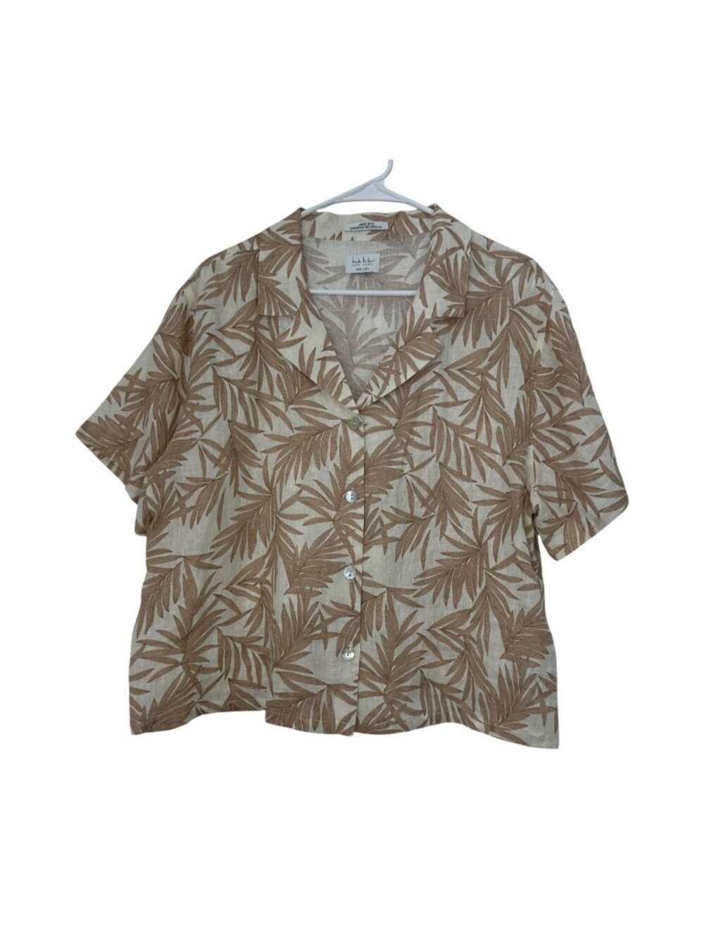 Nicole Miller 100% Linen Women SZ L Short Sleeve Leaf Print Shirt NO SIZE TAGS
